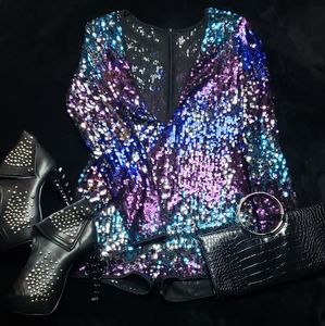 Long V-Neck Sequined Romper